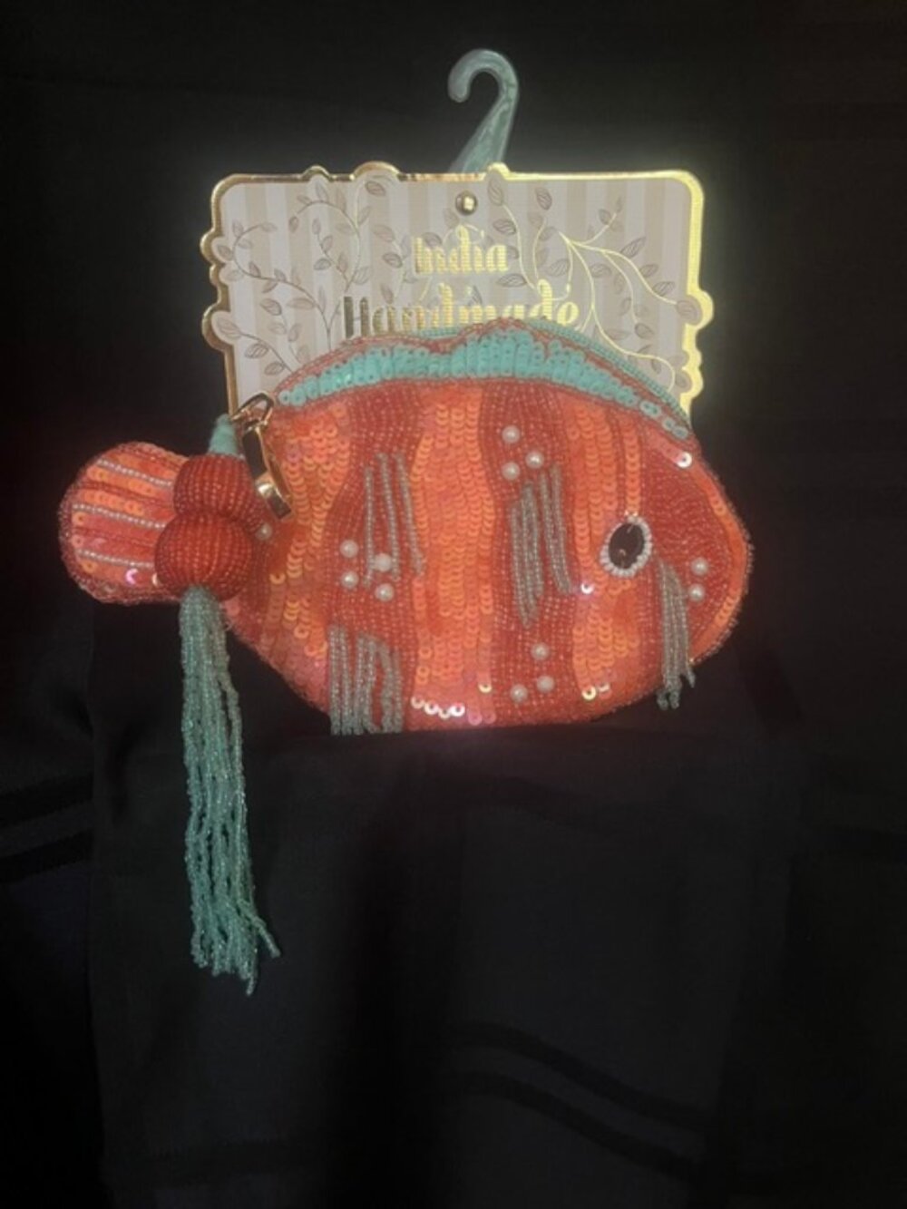 NWT 2026 India Handmade Beaded Fish Coin Purse with Tassel in Coral